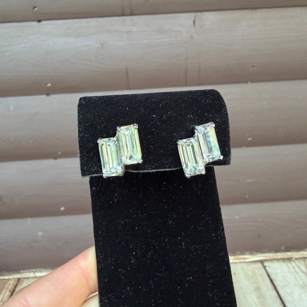 Vintage Mid-Century Sterling Silver Emerald Cut Rhinestone Screw Back Earrings